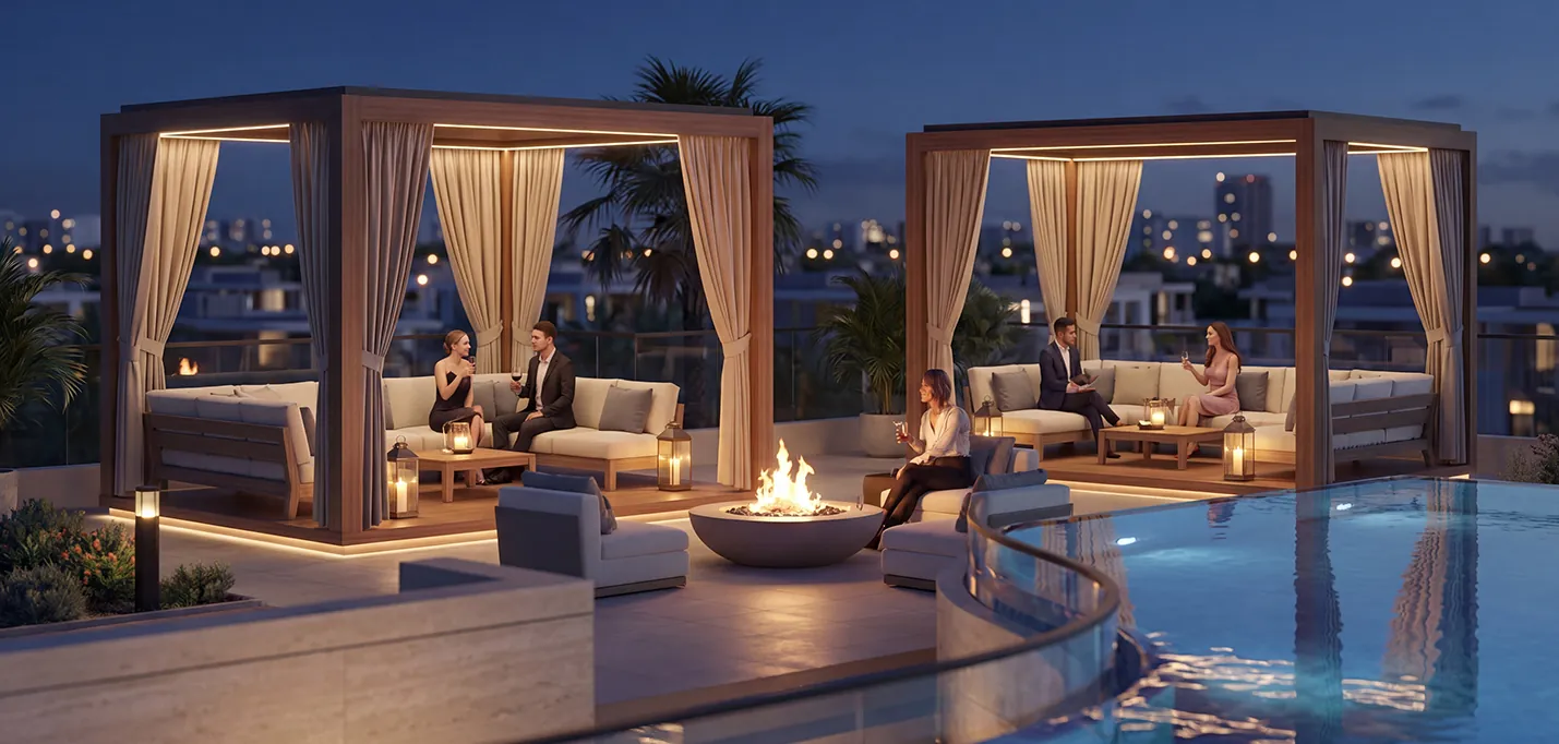 Poolside lounge with fire pit at night