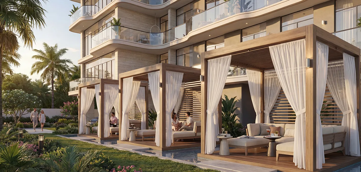 Curtained cabanas beside the garden