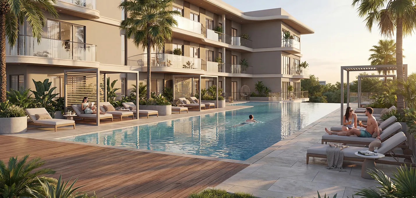 Pool and sun deck framed by palms