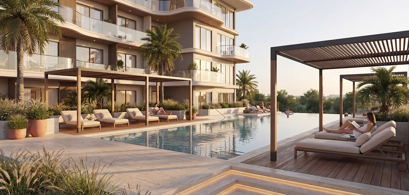 Pool deck with pergolas and loungers