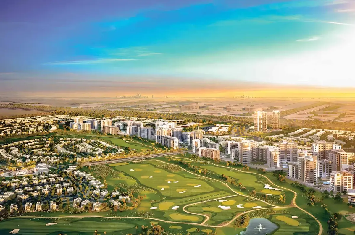 Aerial view over Dubai South neighbourhoods