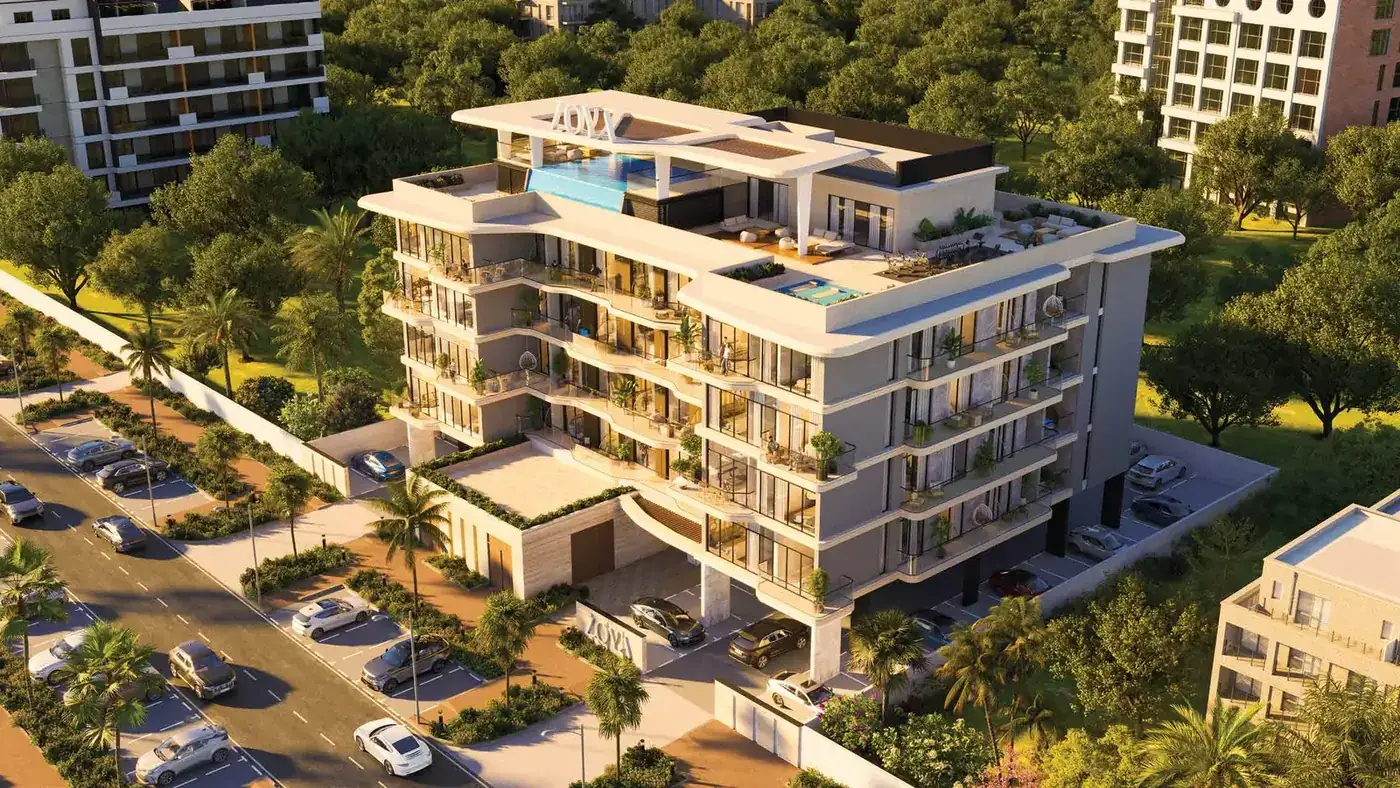 Aerial view of Miorah by Zoya and its rooftop pool in Dubai South