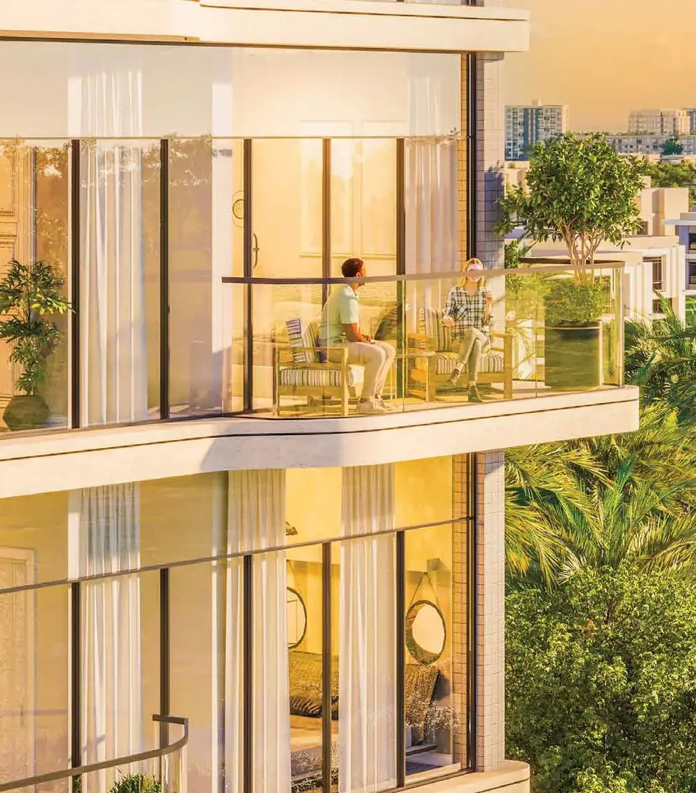 Glazed balconies at Miorah by Zoya glowing at sunset