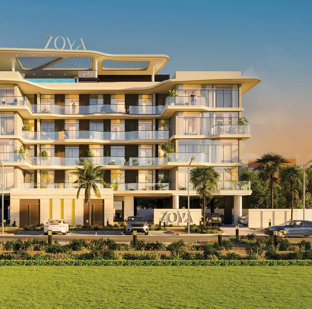 Front elevation of Miorah by Zoya with curved balconies and rooftop canopy