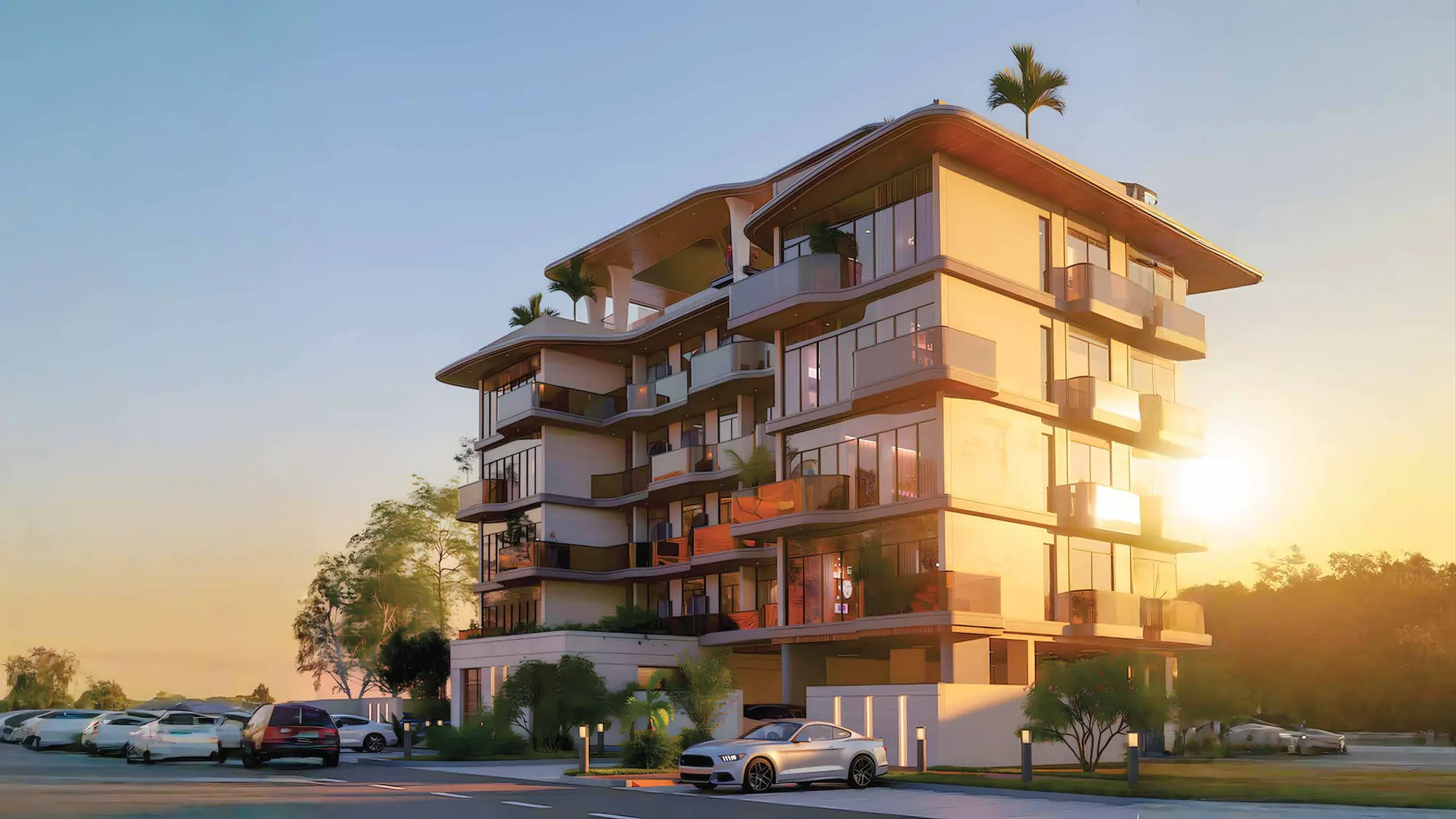 Miorah by Zoya at sunset with terraces facing the garden