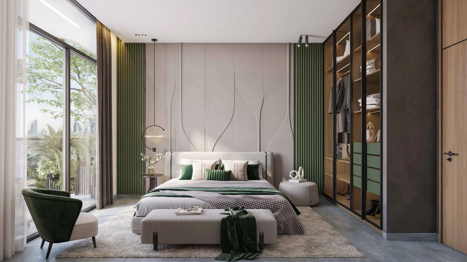 Bedroom with walnut joinery and olive accents at Miorah