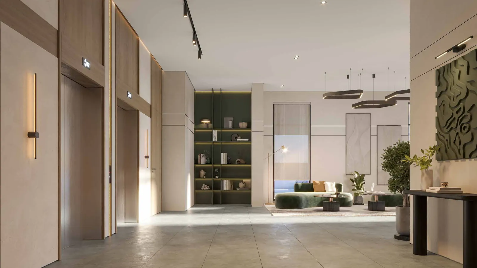 Entrance hall with display shelving at Miorah