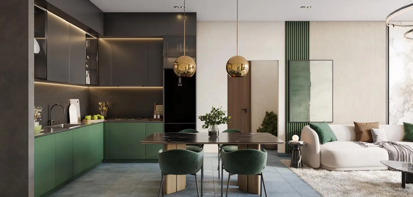 Olive kitchen and dining area