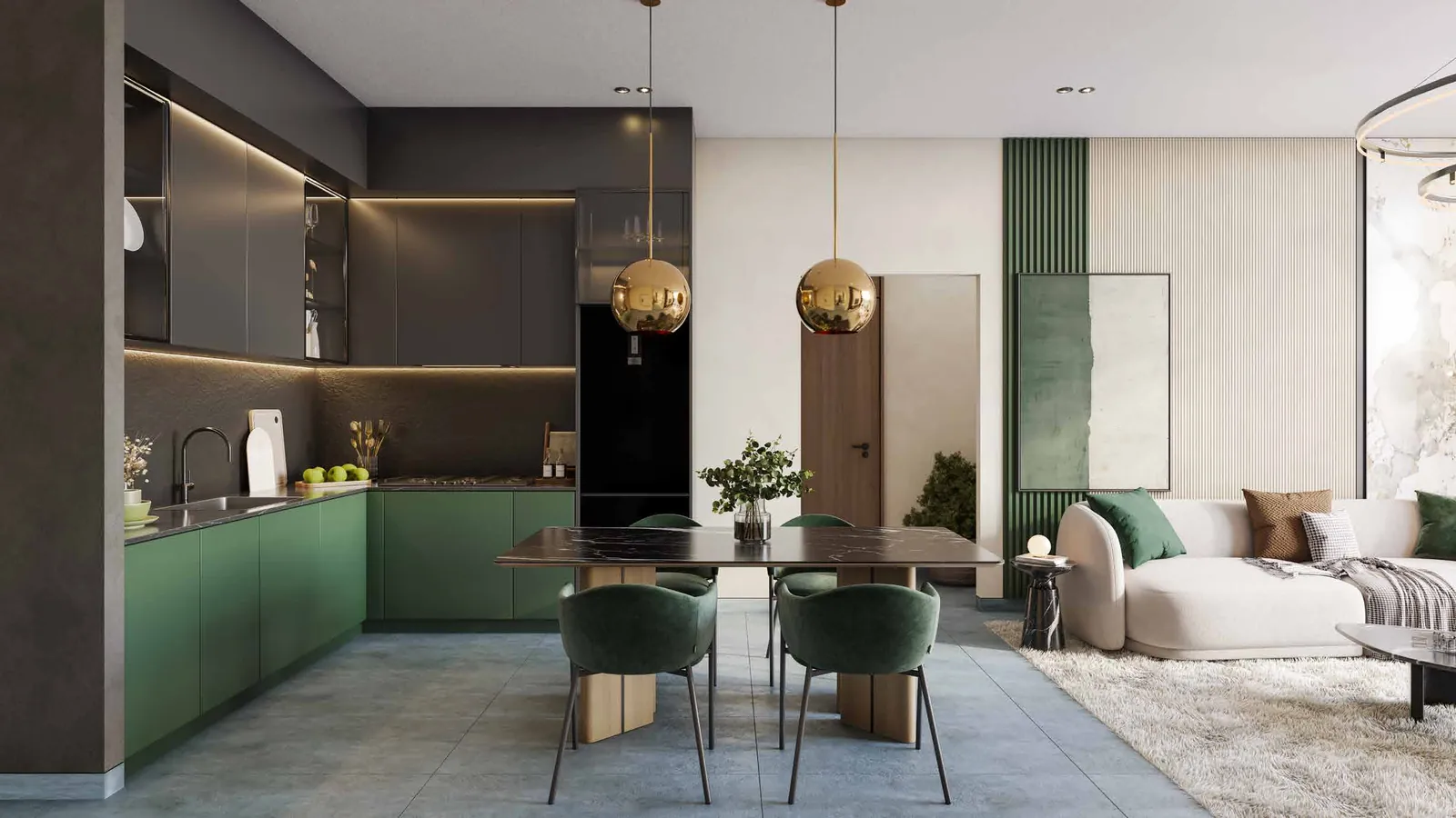 Fitted kitchen opening onto the living space at Miorah
