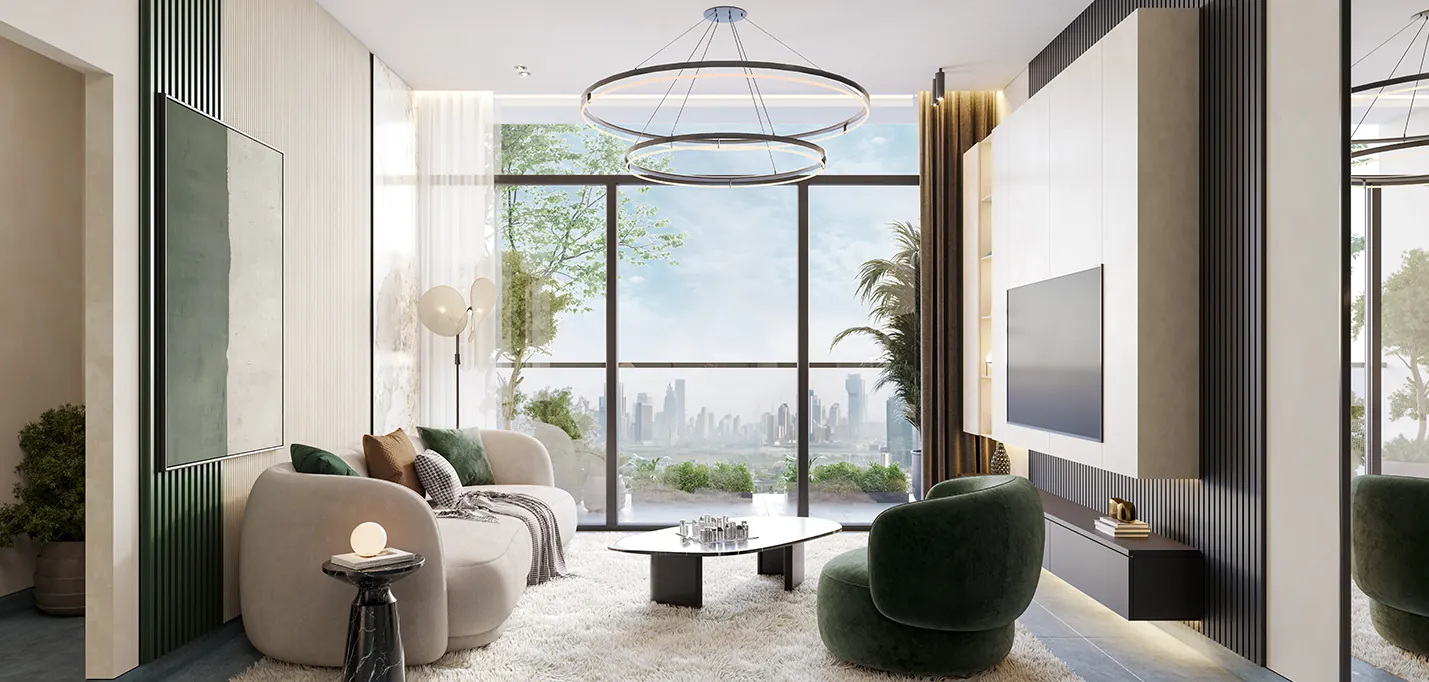 Furnished studio living space at Miorah by Zoya
