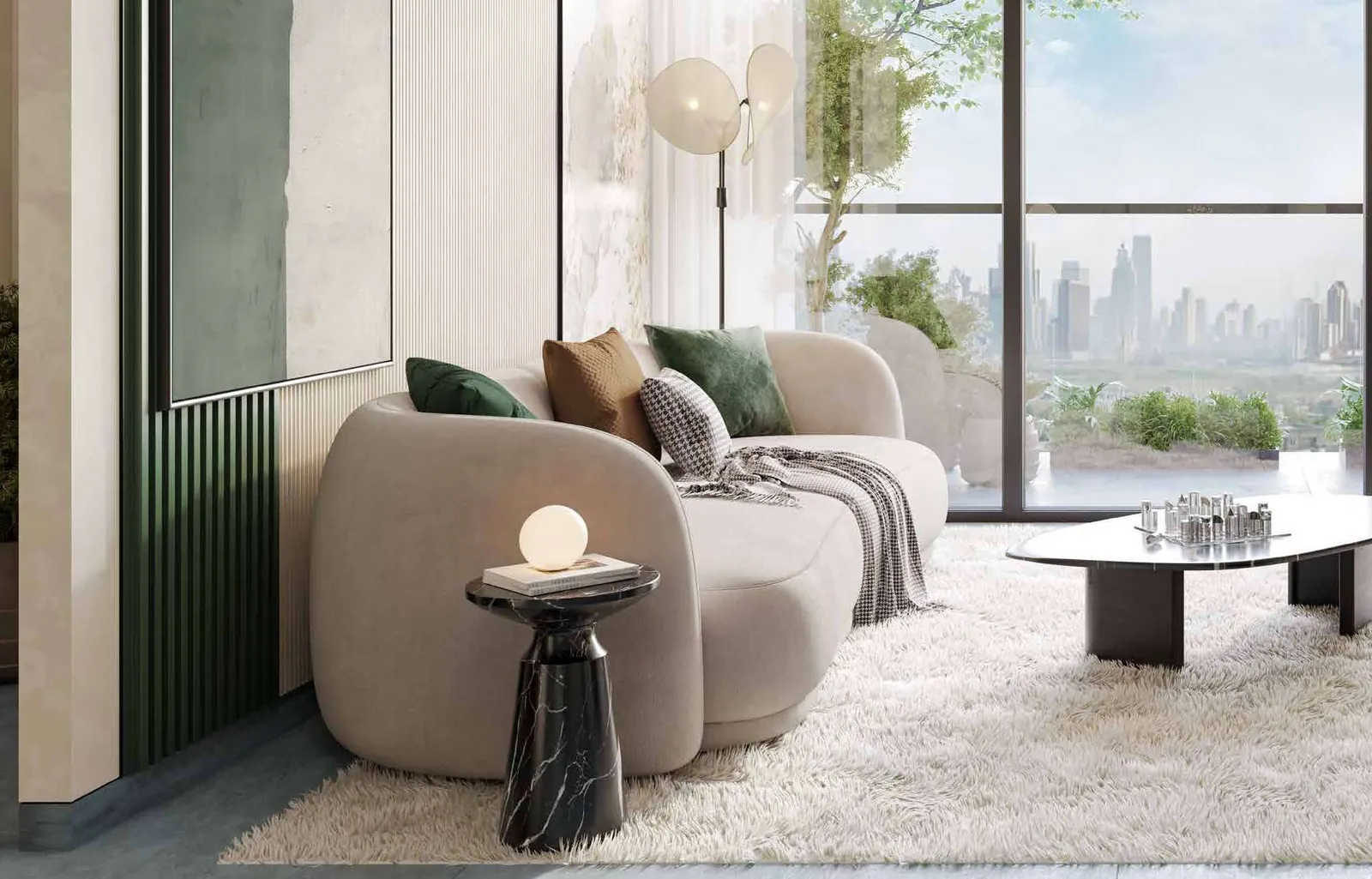 Open-plan living room with full-height glazing at Miorah