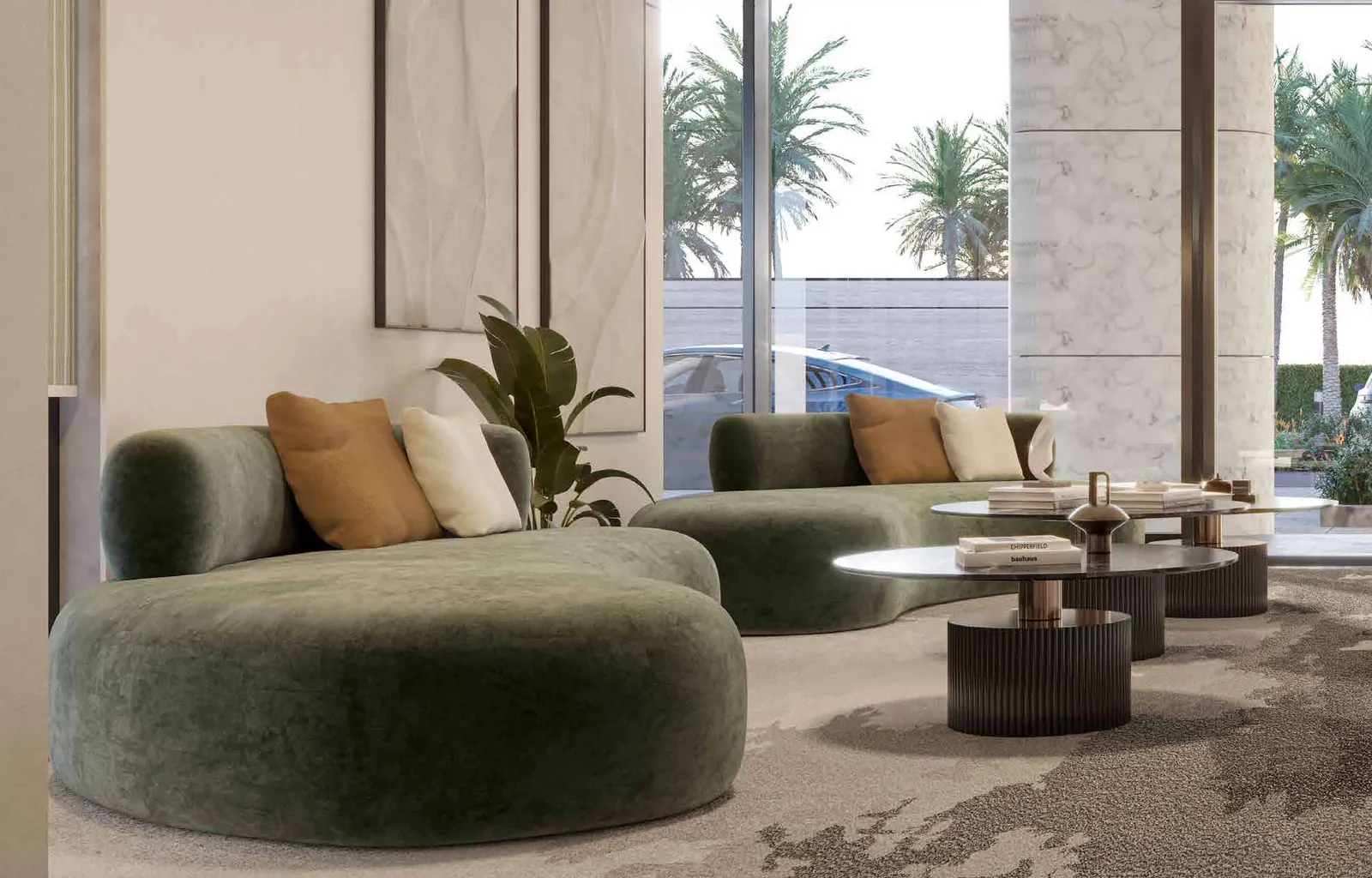 Sculpted seating and soft daylight in the lounge at Miorah