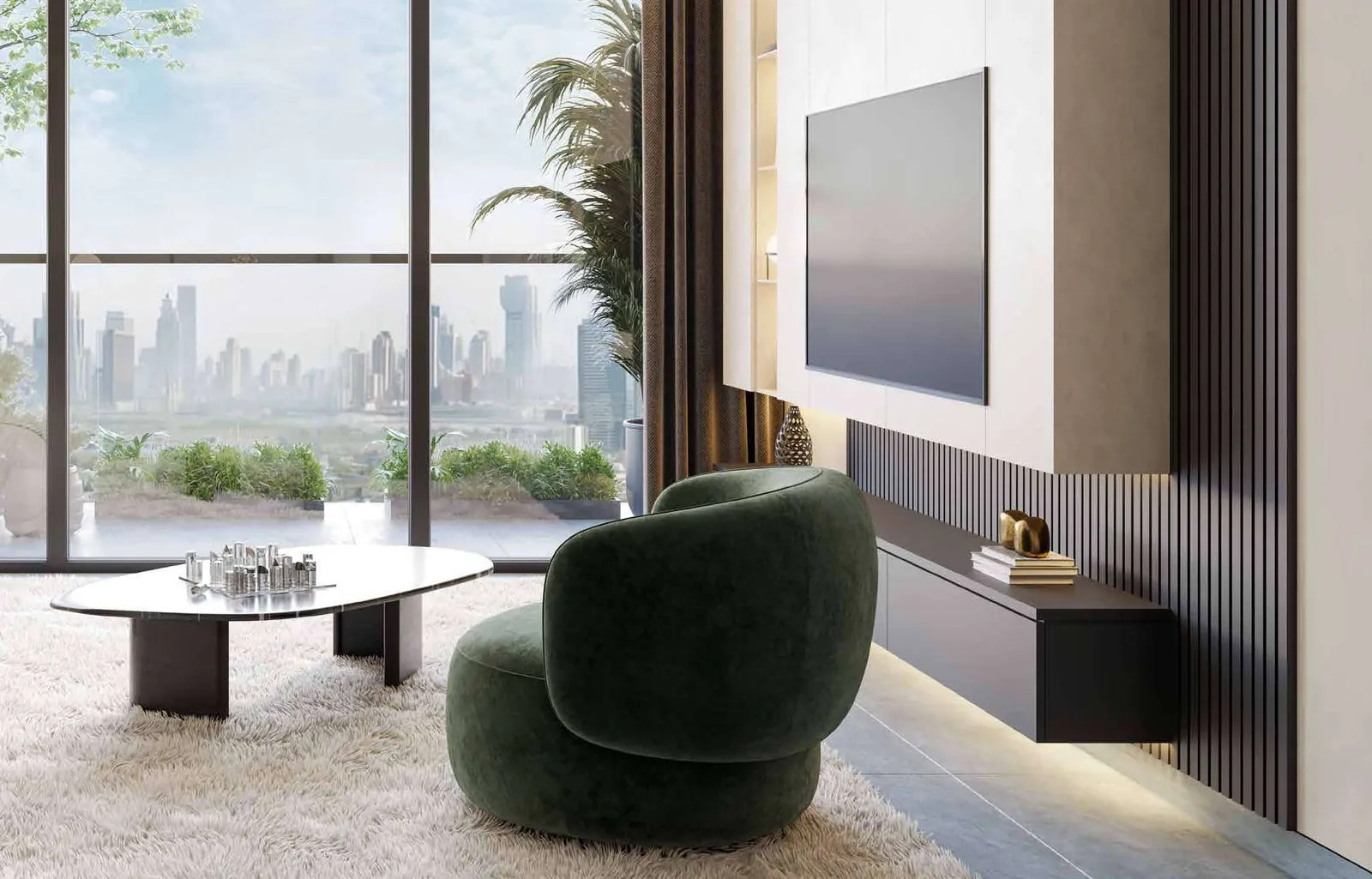 Lounge looking out to the Dubai skyline at Miorah