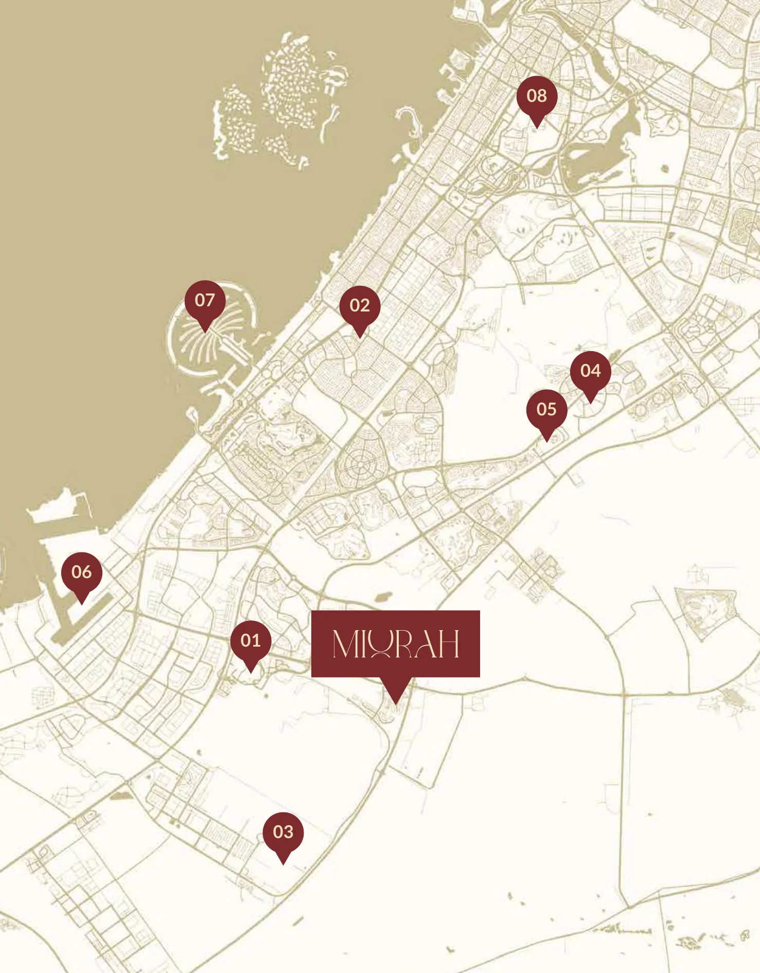 Map of Dubai showing Miorah by Zoya in Dubai South and nearby landmarks