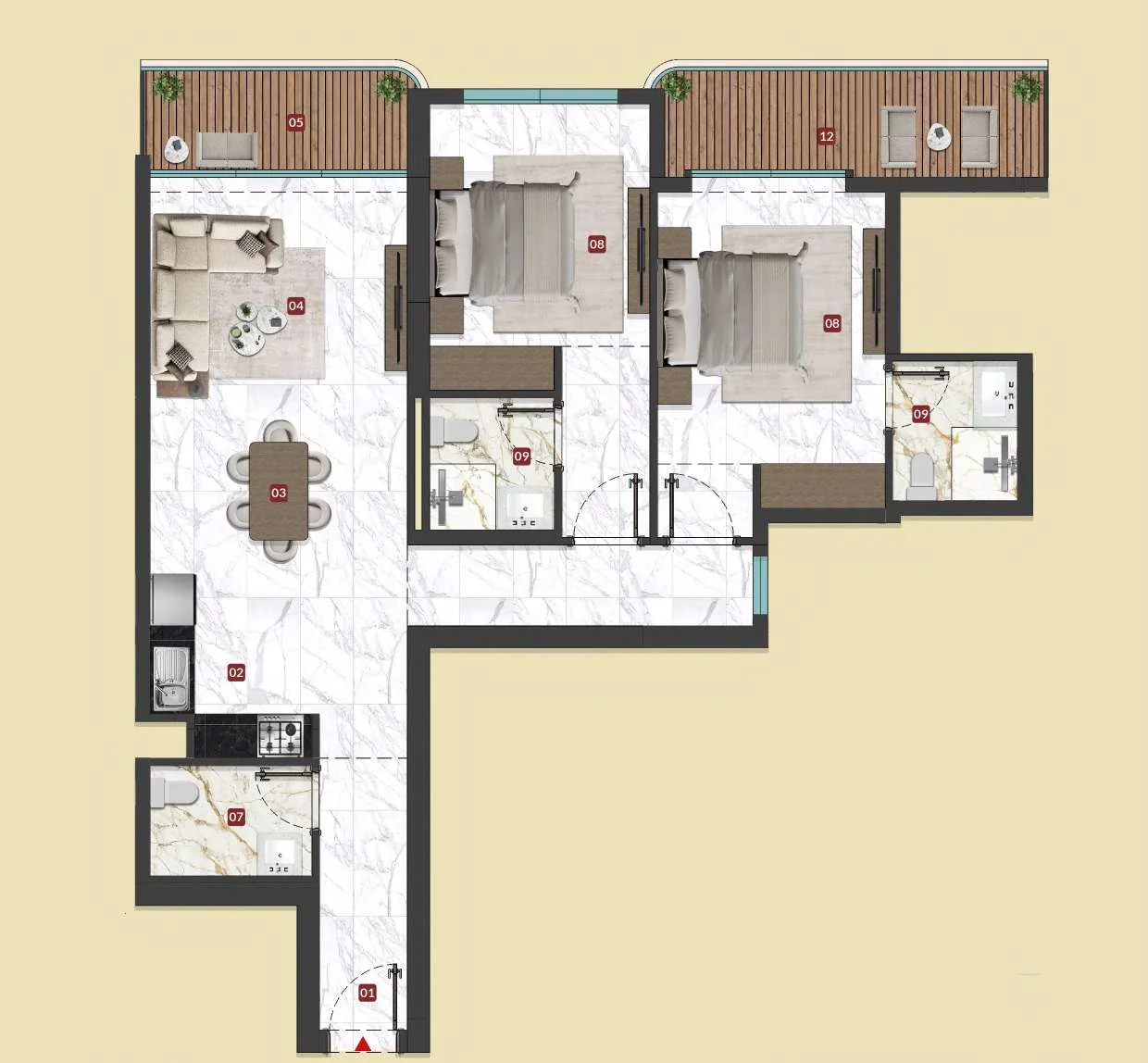 Two-Bedroom floor plan, Unit 01