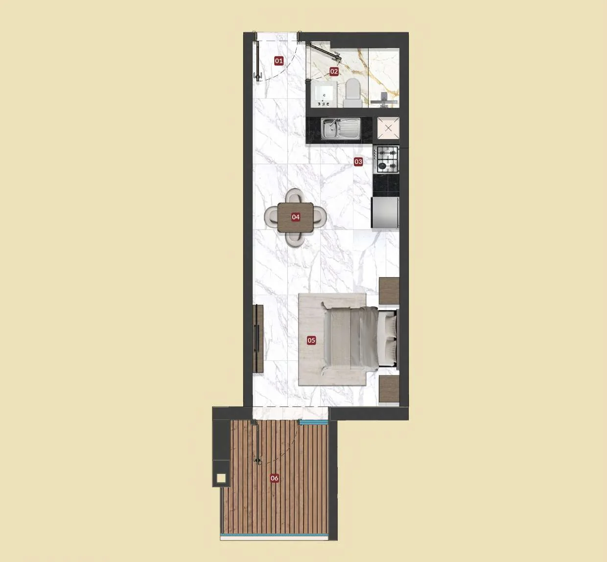 Studio floor plan, Unit 05
